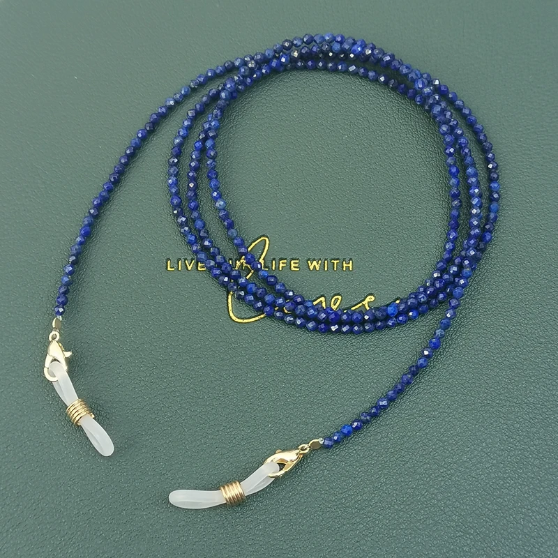 Lii Ji Blue Eyeglasses Chain Stone 2mm Lapis Lazuli Beaded Trendy Women Sunglasses Accessory Necklace Gift Mask Hanging Rope
