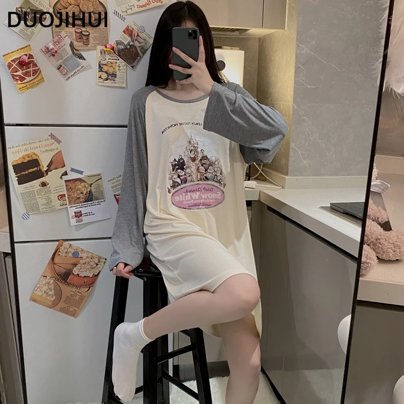 DUOJIHUI Sweet Classic O-neck Pullover Autumn Sleepwear Women Korean New Chicly Printing Contrast Color Fashion Female Sleepwear