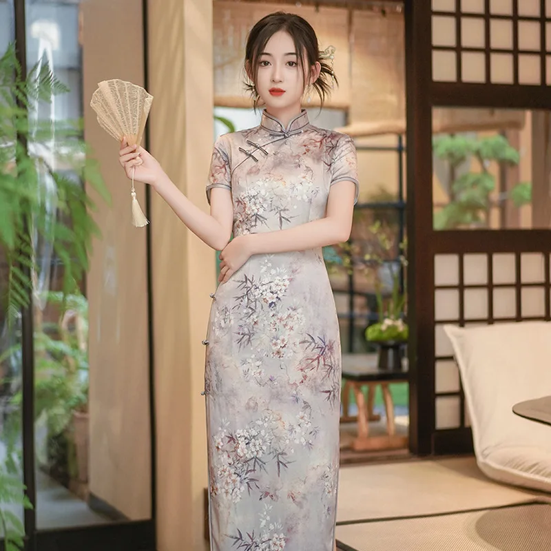 3 Colors Women Plus Size Long Cheongsam Dress Floral Vintage Wedding Formal Dress Traditional Lined Qipao M To 4XL