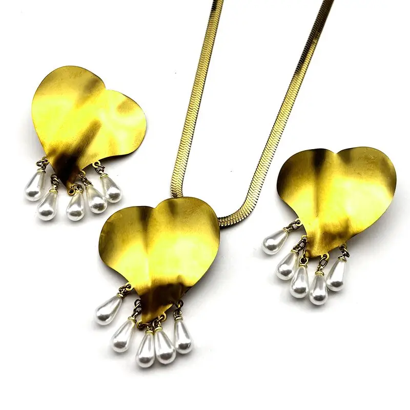 

Heart Teardrop Imitation Pearls Tassel Stainless Steel Pendant Necklaces Earrings Set for Women Gold Color Chain Jewelry Gift