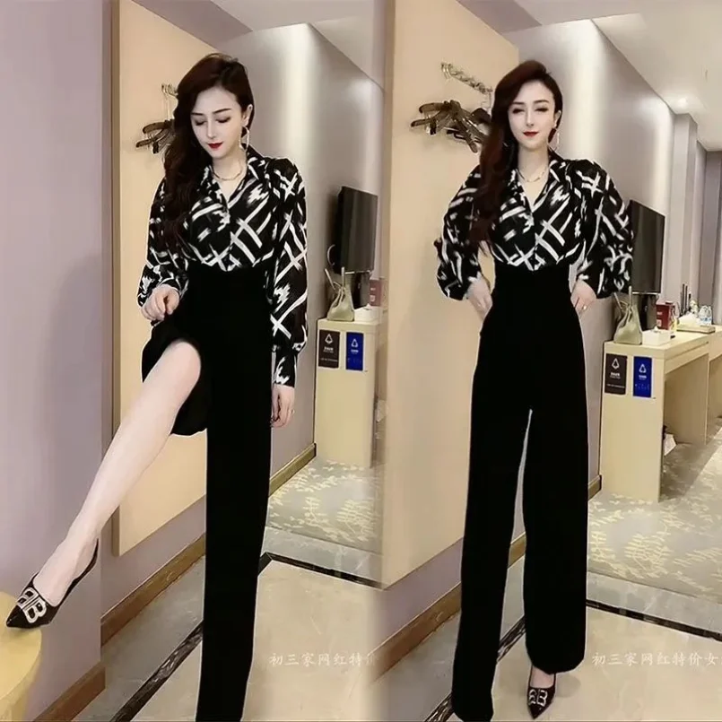 Fashionable Shirt Women's Strap Pants Set 2023 Spring/Summer New Fragmented Chiffon Shirts Lantern Sleeves Loose Top Fashion