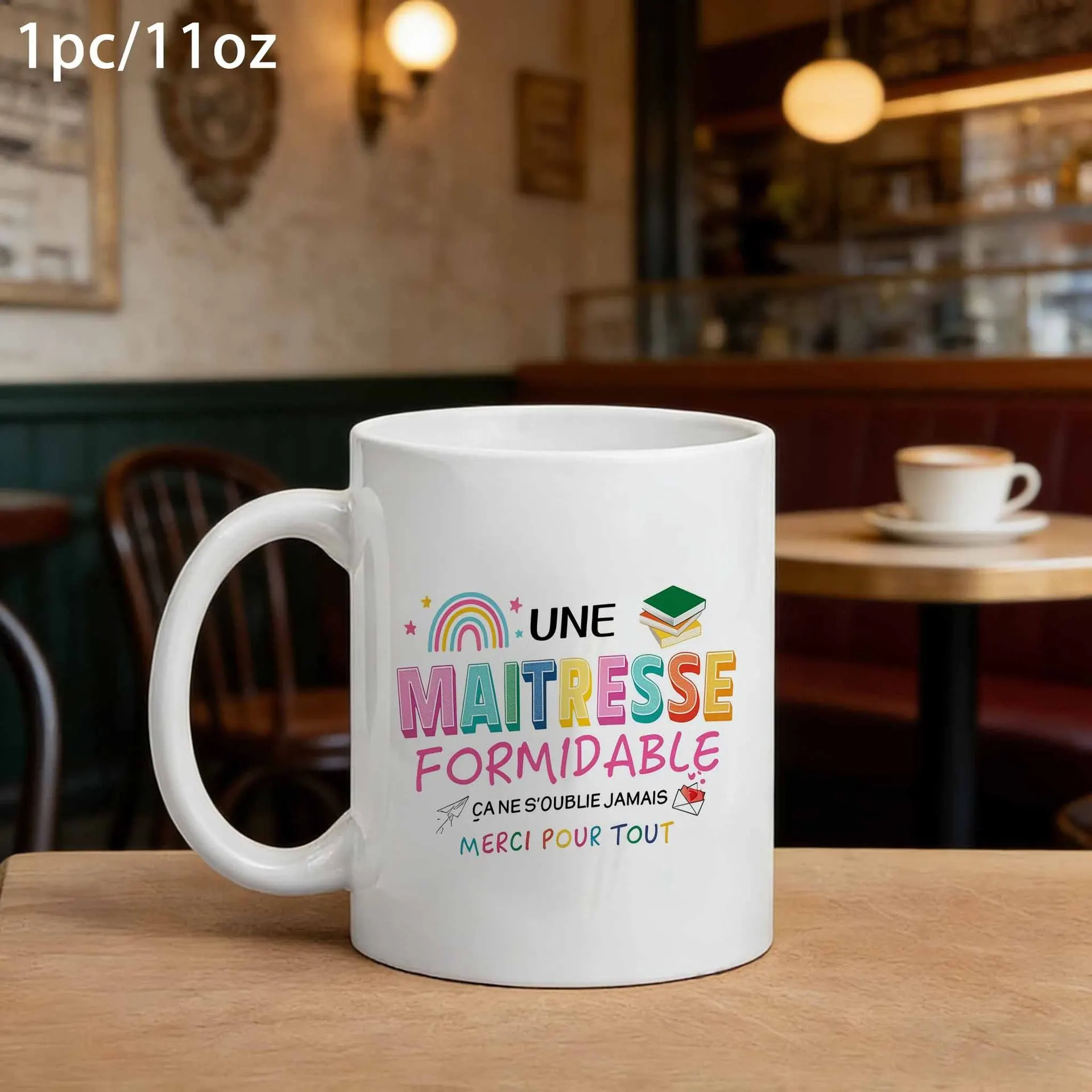 Rainbow Book Airplane Envelope Printed Mug Une Maitresse Powerful Quote Coffee Mug for Preschool Teacher School Year Keepsake