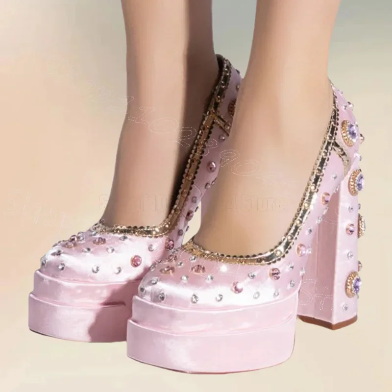

Colorful Crystal Pink Silk Round Toe Platform Pumps Slip On Women Shoes Chunky High Heels Party Banquet 2025 Zapatos Para Mujere