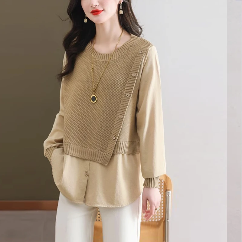 

Autumn Solid Knitted Long Sleeve Pullovers Women Elegant Casual Home Sweaters 2024 Patchwork Fashion Bodycon Top Sweaters