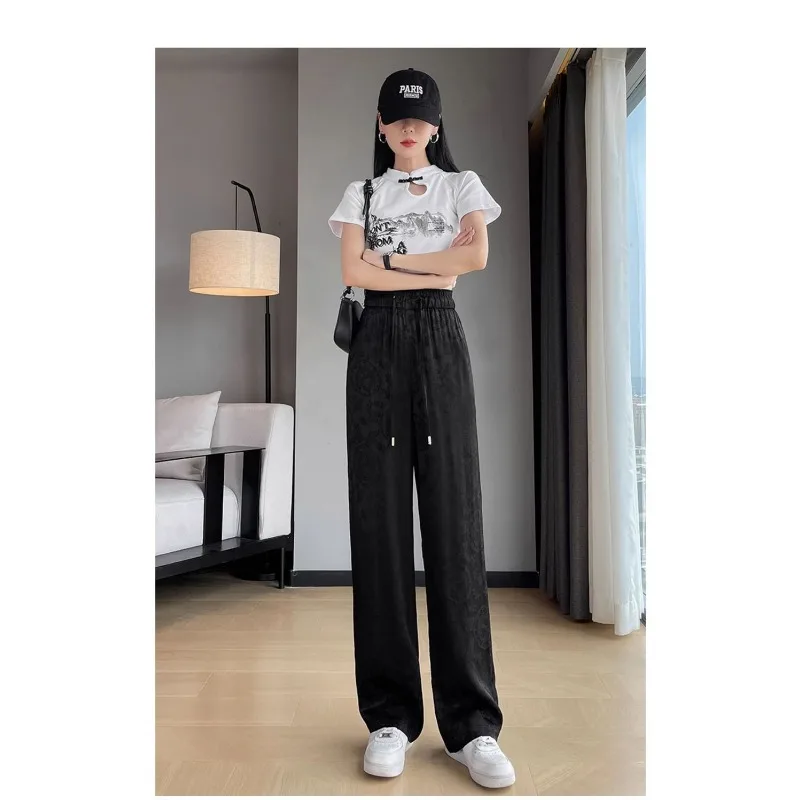 

Летние жаккардовые широкие брюки с восемью точками для женщин, новые тонкие повседневные брюки из ледяного шелка в китайском стиле с высокой талией