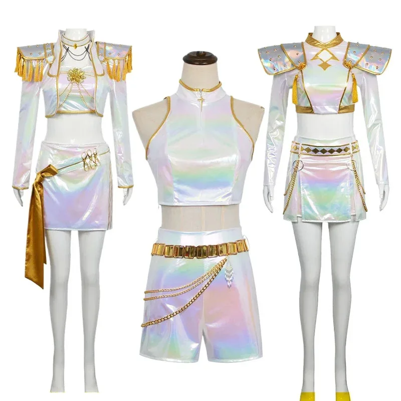 LQNew 악마 헌터 KPop 코스프레 루미 미라 조이 의상 PU 가죽 화이트 노래 정장 여성 할로윈 카니발 파티 복장