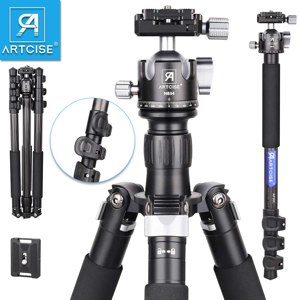 

ARTCISE AF50C Lightweight Carbon Fiber Tripod with Low Profile Ballhead Detachable Monopod for Tripod DSLR Camera,Max Load 15kg