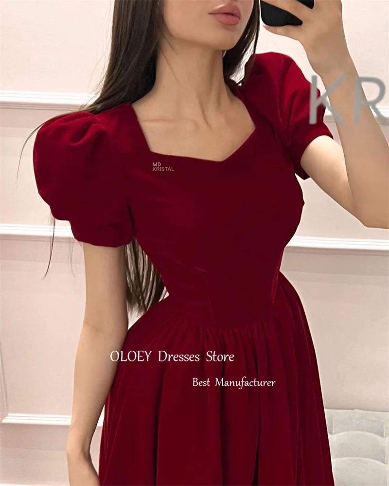 OLOEY Vintage Burgunday Red Velvet Evening Dresses Short Sleeves Square Neck Tea Length Prom Gowns Arabic Women Wedding Party