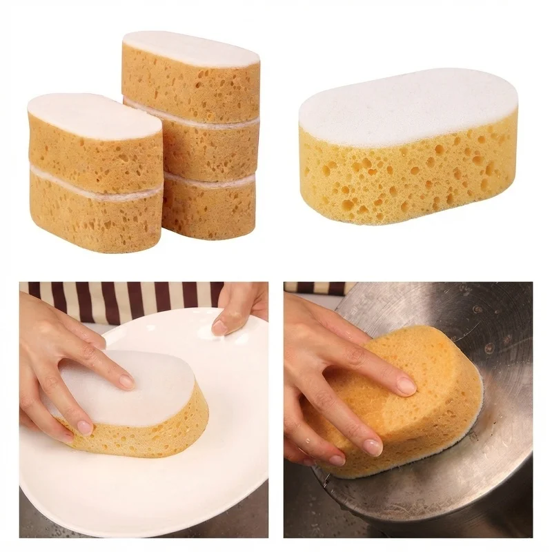 1/2/4pcs Oval Double-sided Wood Pulp Dish Sponge Kitchen Bowl Pot Scrubber Cleaning Sponge Household Tableware Washing Tool