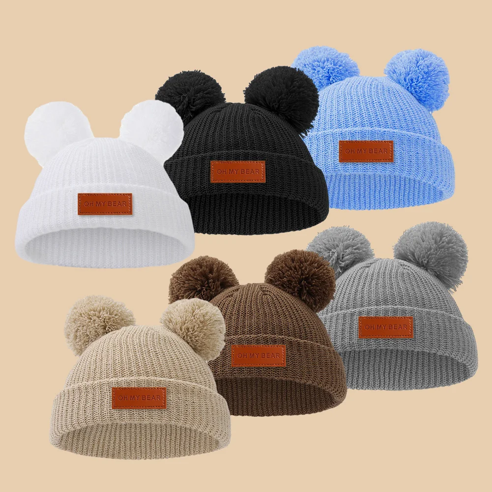 Pom Pom Baby Beanies 0-3T Solid Knitted Cute Newborn Boys Girls Turban Hats Leather Stick Bonnets Infant Fall Winter Headwraps