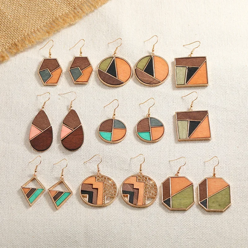 

Alloy geometric wood panels contrasting wood earrings fashion commuting exaggerated earrings for women