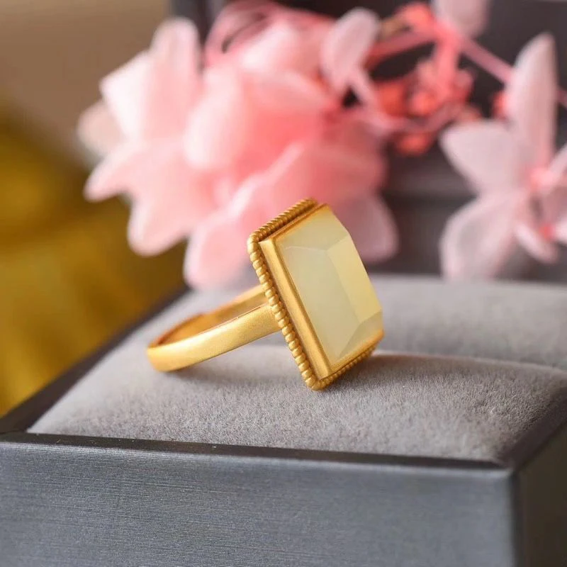 Natural Hetian White Jade Geometric Square Opening Adjustable Ring Chinese Style Retro Unique Ancient Gold Craft Women's Jewelry - view 3