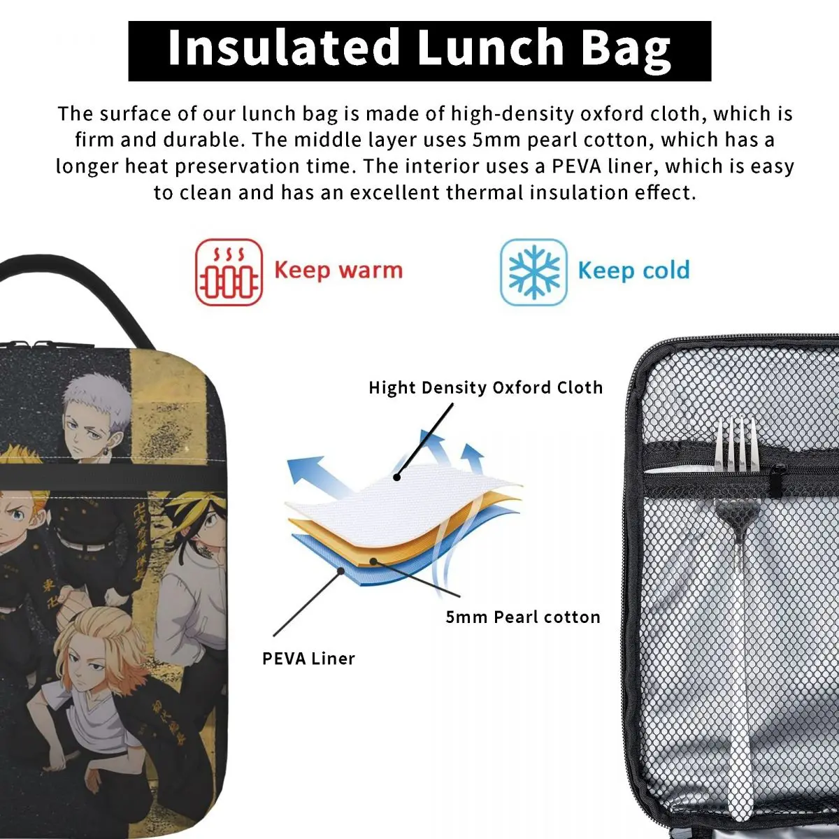 Tokyo Revengers Insulated Lunch Bag for Women Kids Portable Food Boxes Thermal Lunch Box Tote