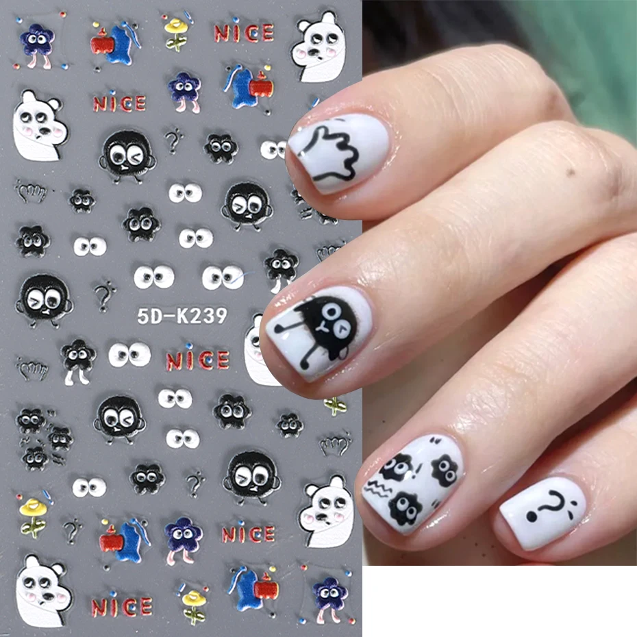 5D Black Briquettes Nail Stickers Embossed Cartoon Polar Bear Letter Kawaii Manicure Sliders Engraved Tips Nail Decoration JI5D