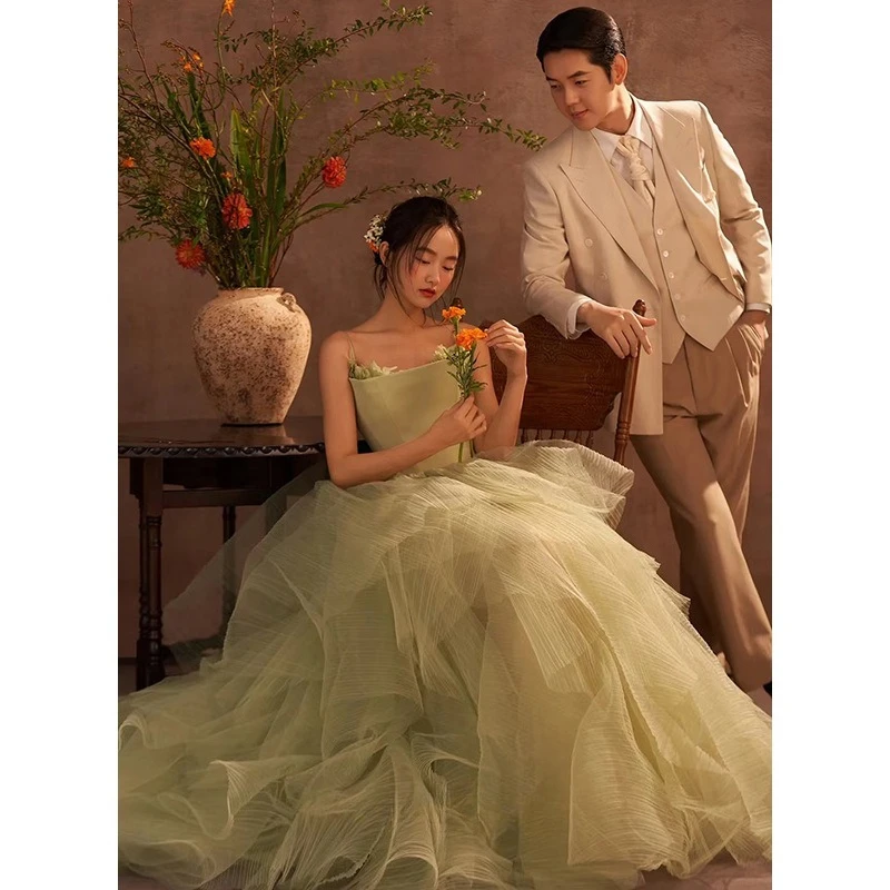 Green Wedding Dress Fashion 2025 New Sling Sleeveless Princess Fluffy Skirt Formal Dress Women Elegant Evening Party Dresses