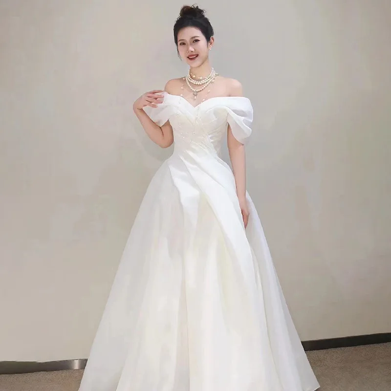 Vestido De Novia De satén con cuello Barco, traje elegante De princesa, longitud hasta el suelo, clásico, novedad De 2024