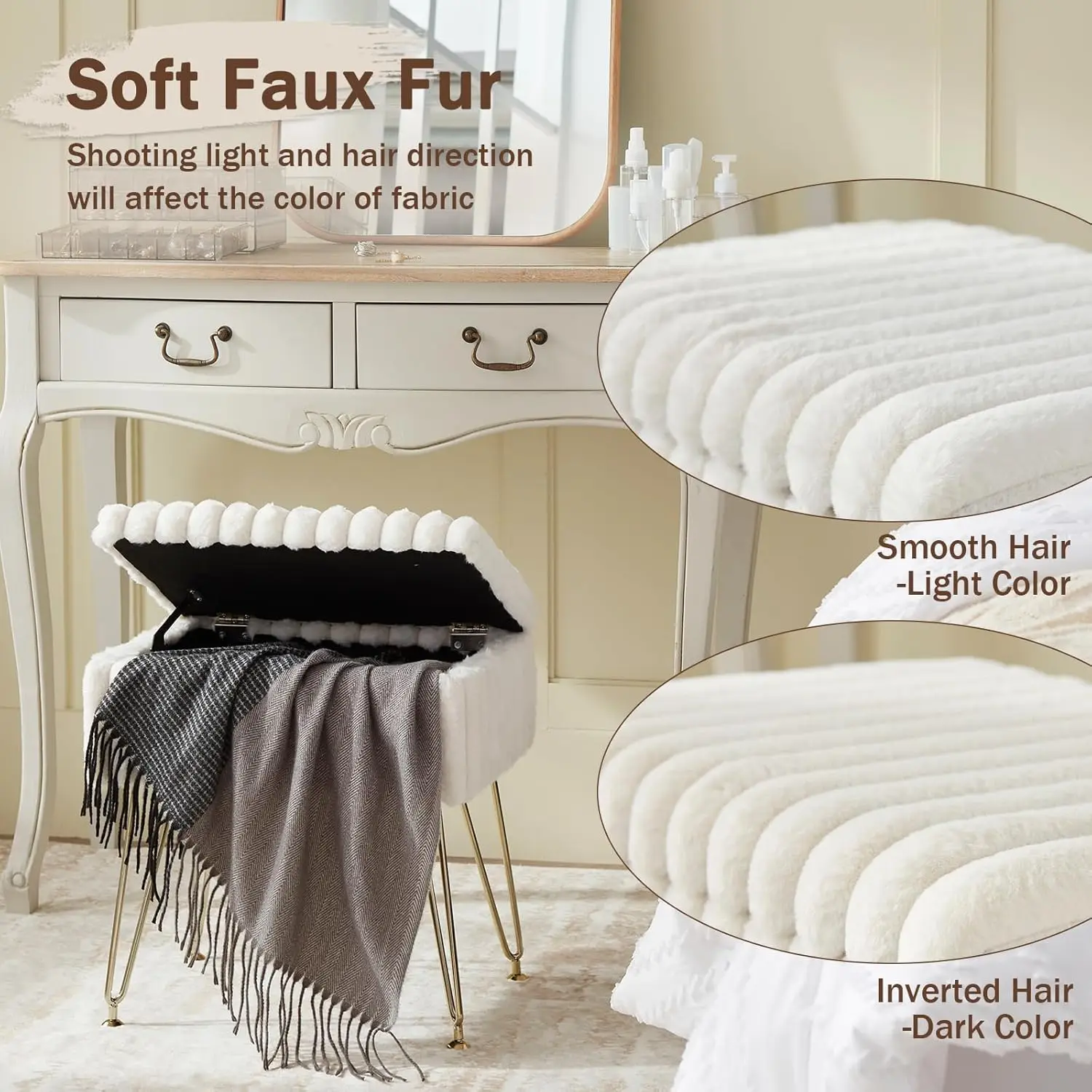Faux Fur Vanity Stool Chair With Storage, Vanity Stool For Makeup, Foot Stools Ottoman With 4 Metal Legs, Make Up Stool Chair,