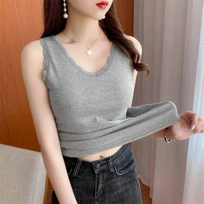 Korean Women Fashion Large Size 5xl Vest Coat Summer Femme V-neck Waistcoat 2025 Ladies Solid Color Lace Sleeveless Tops