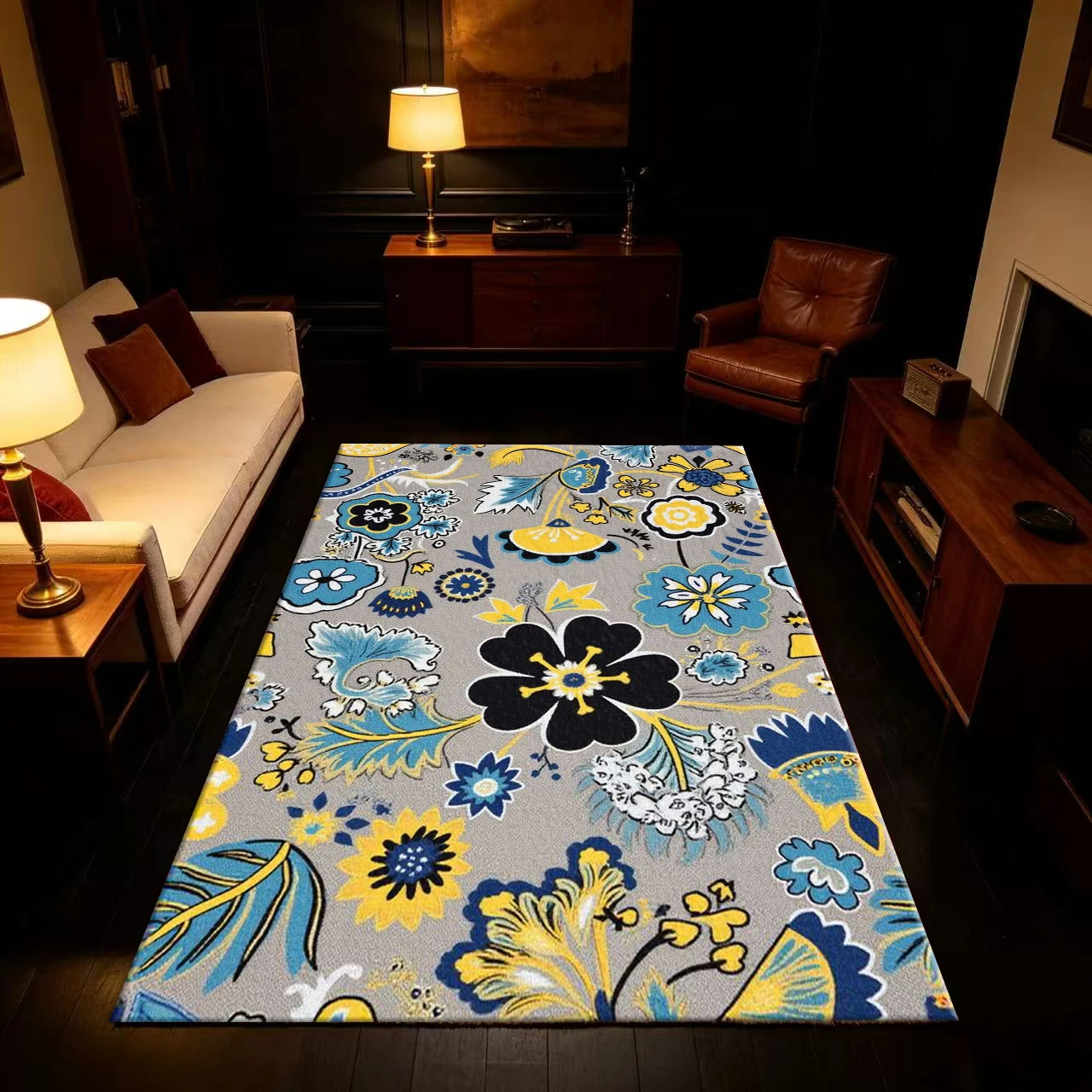 Blue and Yellow Vintage Plant Floral Carpet Floor Decoration Bohemian Style Printed Soft Carpet for Bedroom Use