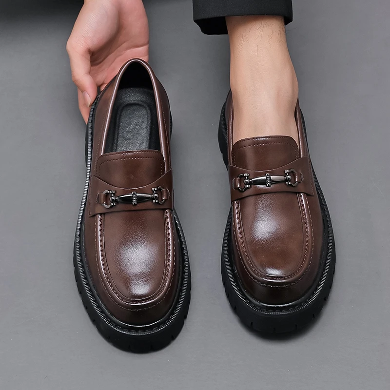 

Men Thick Soled Loafers PU Round Toe Comfortable Non Slip Classic Business Men Shoes Sizes 38-46