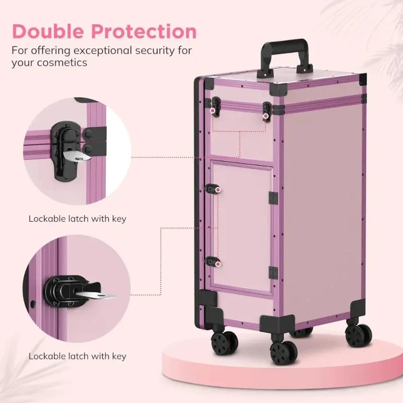 

2025 Portable Folding Nail Enhancement Table Rolling Cosmetic Train Box with 2 Drawers Mirror Lockable Nail Polish Storage