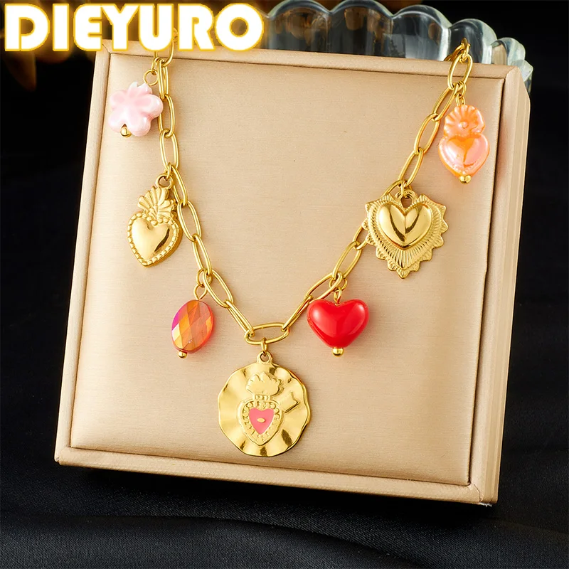 الفولاذ المقاوم للصدأ الذهبي البيضاوي غير النظامية القلب الملونة زهرة قلادة قلادة المرأة الجديدة مقاوم للماء سلسلة عنق مجوهرات
