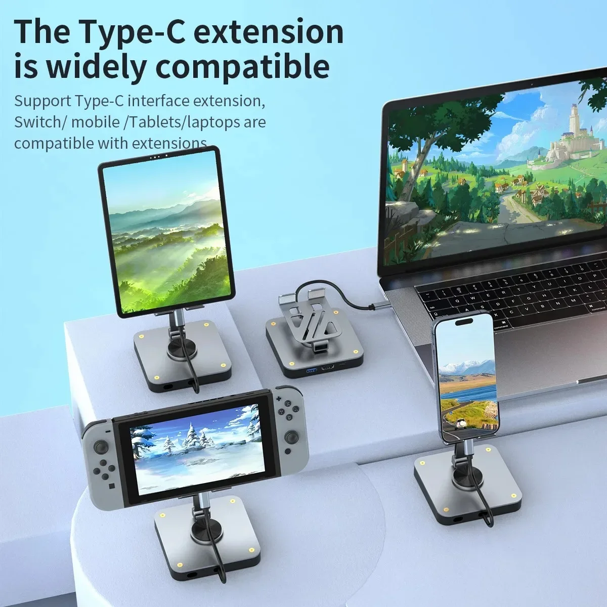 USB-C dockingstation tablet/telefoon opvouwbare standaard met 4K 60HZ HDMI PD 100W USB 2.0-poorten voor iPad Pro/Air iPhone 16 Switch Mac