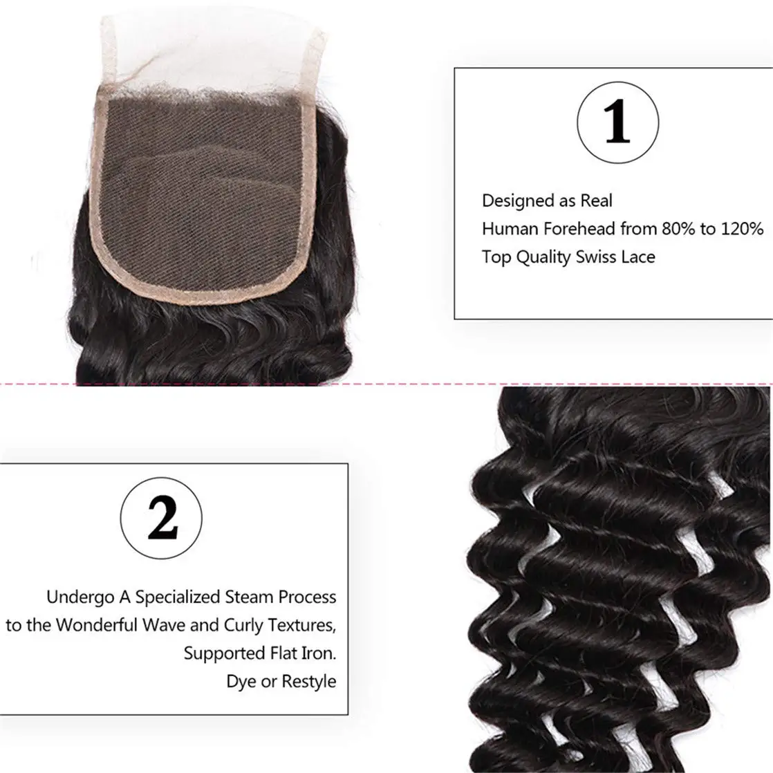 إغلاق موجة عميقة حجم 150% شعر بشري عذراء برازيلي غير معالج عقدة مبيضة جزء مجاني إغلاق دانتيل أمامي طبيعي