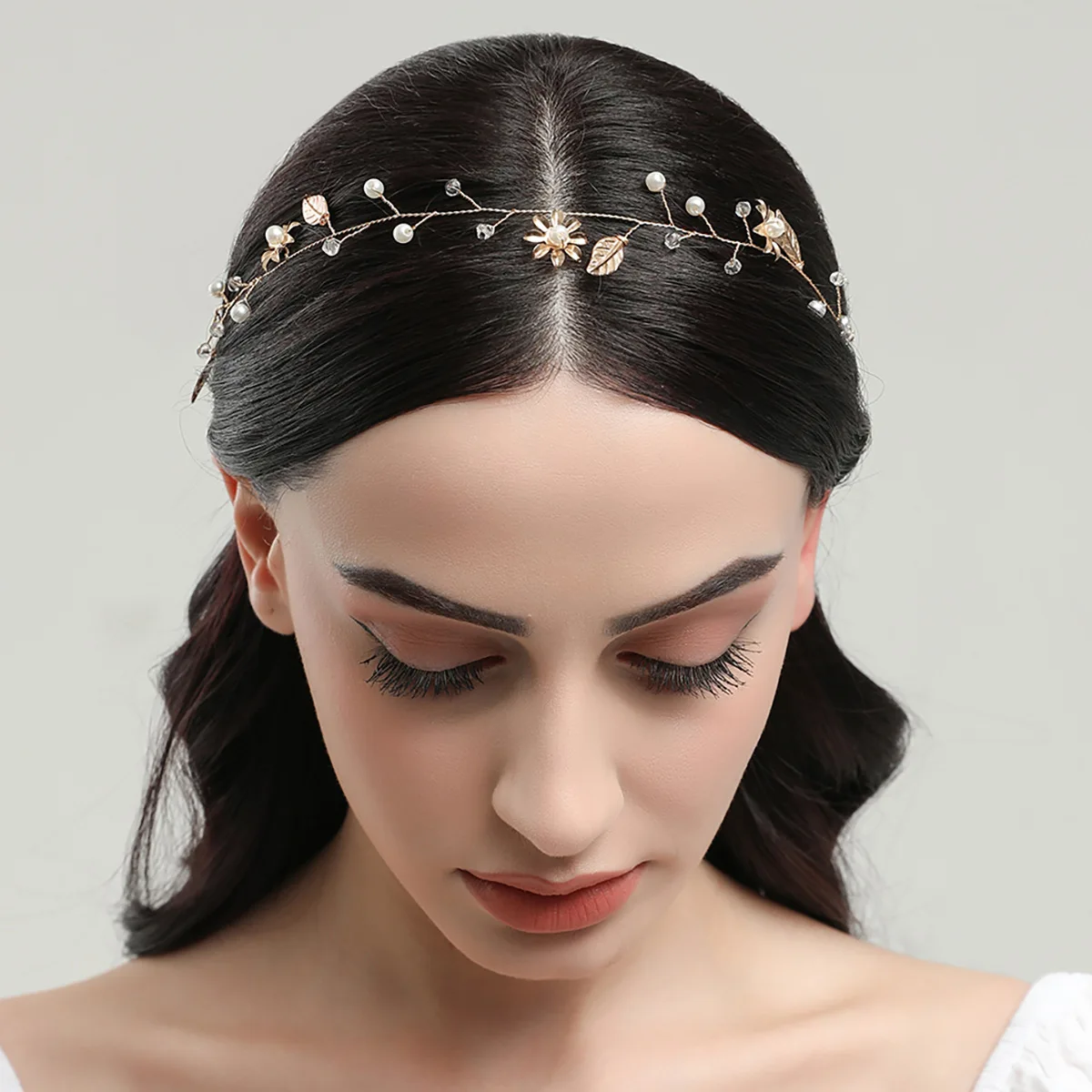 Gold Color Alloy Flower Headbands Artificial Pearl Hairbands Floral Headwear for Bride Wedding Women Girls Party Hair Jewelry