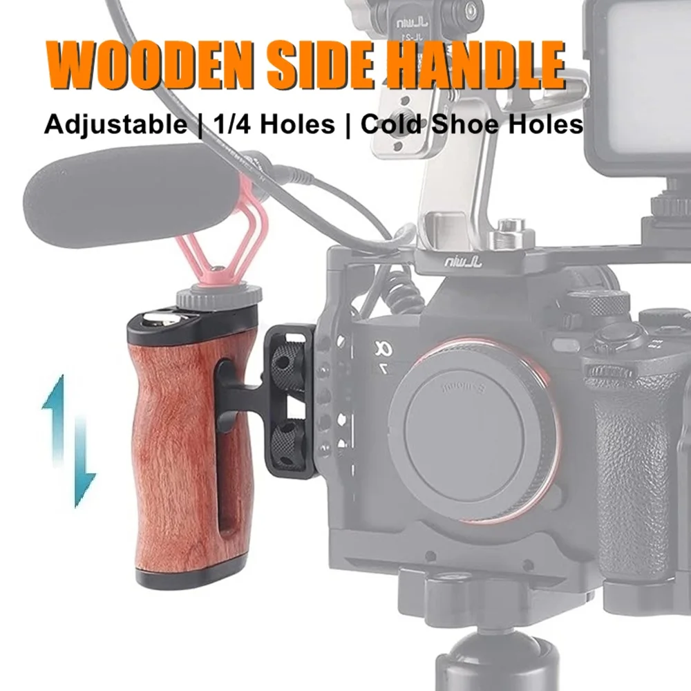 Universal Camera Cage Left/Right Side Handle Wooden Hand Grip with 1/4'' Holes Cold Shoe Mount for Camera Cage, Ergonomic Design