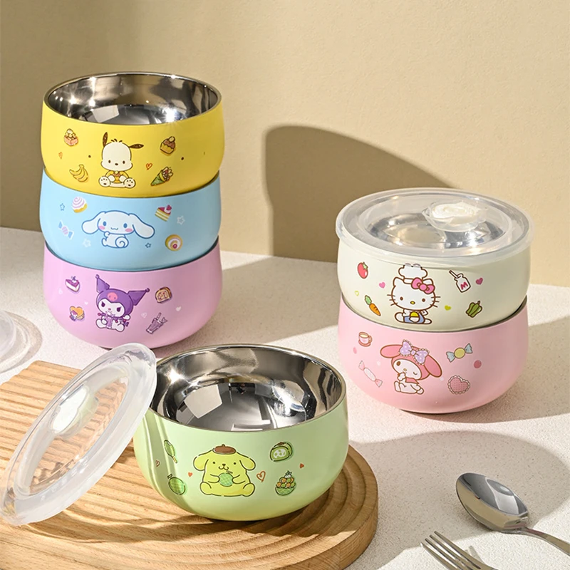 

Kawaii Hello Kitty Kuromi My Melody 316 Stainless Steel Double-Layer Anti-Scalding Bowl Anime Sanrio Cute Noodle Bowl