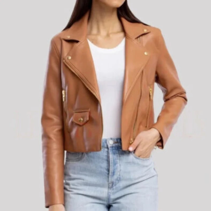 Handmade New BROWN Women Leather Jacket Genuine Real Lambskin Casual Biker