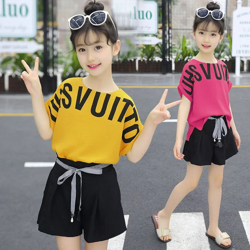 Kids Clothes for Girls Summer Short Sleeve Outfits Irregular Tops + Shorts Teen Girl Clothing Sets School Children\'s Costume