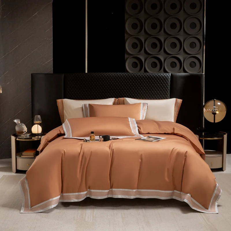 Wide edge Striped Embroidery Duvet Cover Sets Bed Sheet Pillowcases Luxury Orange 100% Cotton Bedding Set Home Textile