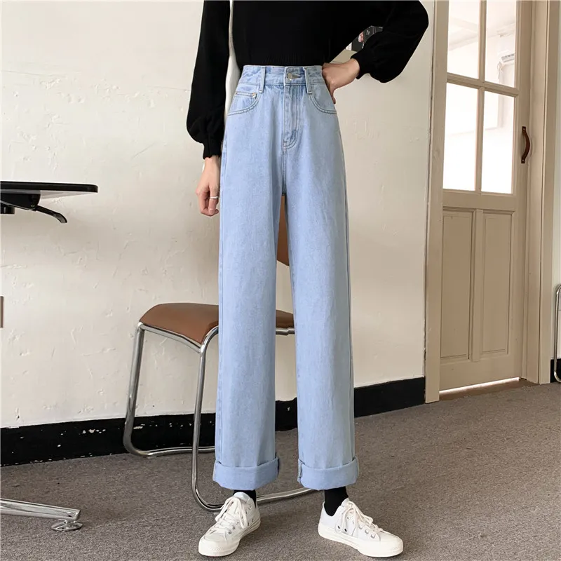 جينز نسائي عالي الخصر وواسع الساق فضفاض مناسب للصيف الجديد جينز عالي الخصر بالإضافة إلى حجم السراويل الطويلة المستقيمة