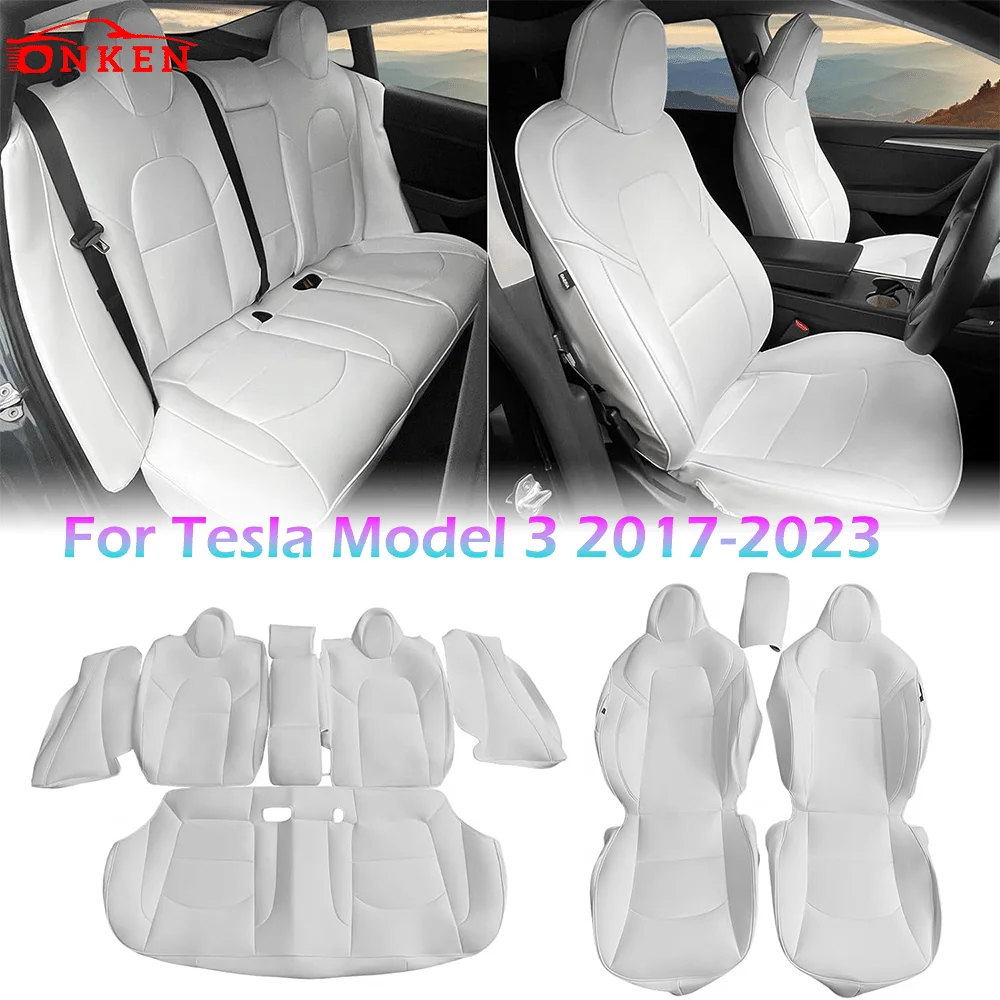 Full Set Car Seat Covers for Tesla Model 3 4-Door 2017-2023, White Silicone Leather Front & Rear 5-Seat Seat Cover Cushion Full Set Car Seat Covers for Tesla Model 3 4-Door 2017-2023, White Silicone Leather Front & Rear 5-Seat Seat Cover Cushion