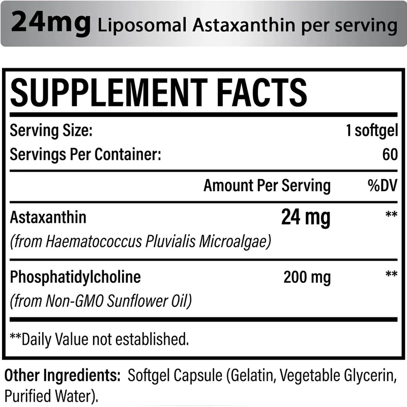 Liposomal Astaxanthin Supplement 24mg, Maximum Absorption, Stronger Antioxidant Than Vitamin C, Non GMO, Gluten Free