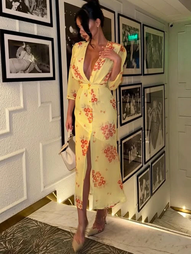 Oniflyme Floral Print Mesh Sexy Midi Dress Women Short Sleeve V Neck Lace Up Sheer Bodycon Party Outfits Elegant Female Vestido