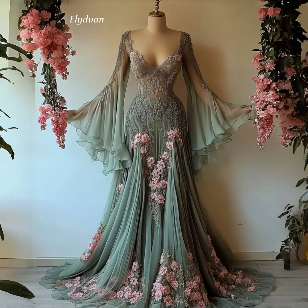 Dark Sage Green Fantasy Wedding Dress Flare Bell Long Sleeve 3D Pink Floral Lace Applique Pastrol Bridal Gown Customized