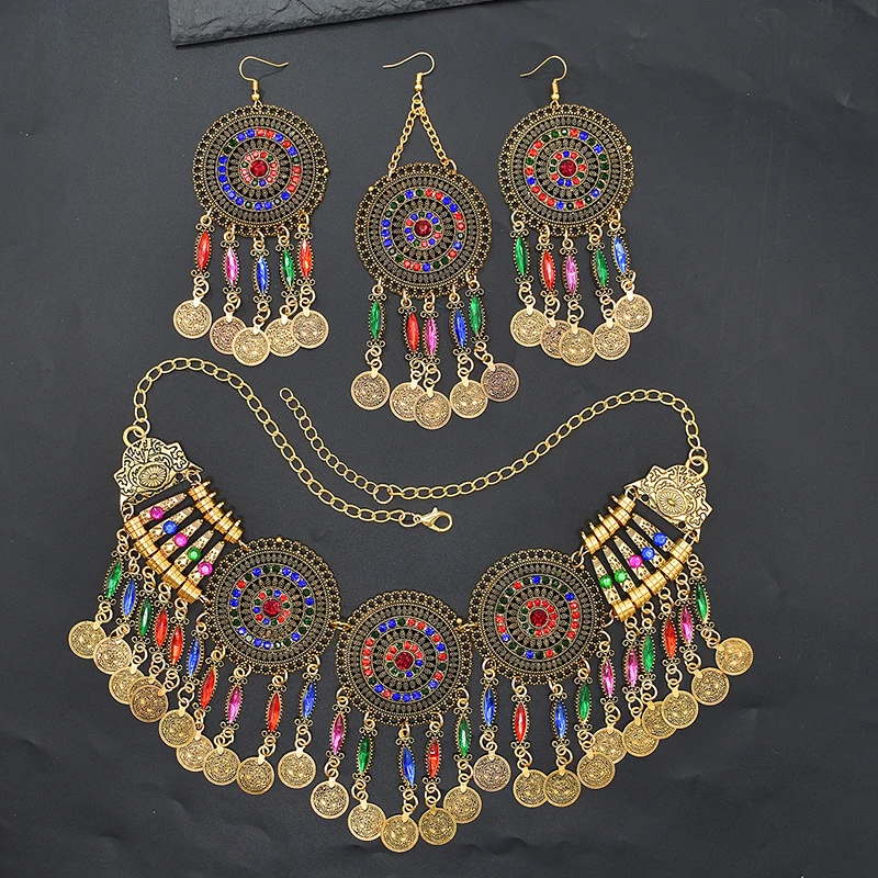 3PC Indian Afghan Jewerly Sets for Women Boho Ethnic Hairbands Necklace Earrings Coins Tassels Vintage Colorful Crystal Drop