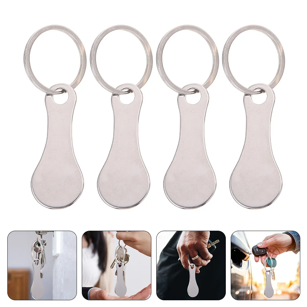 4pcs Shopping Trolley Token Stainless Steel Key Rings Portable Buggy Cart Remover Metal Silver Practical Keychains for Handbag