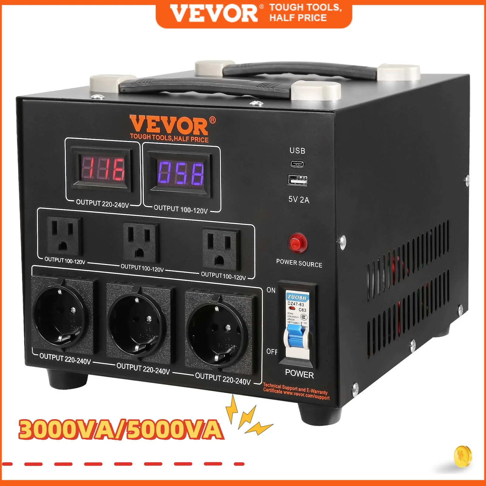 VEVOR Voltage Converter Transformer 3000/5000W Heavy Duty Step Up/Down Transformer Convert 110V to 220V and 220V to 110V with US