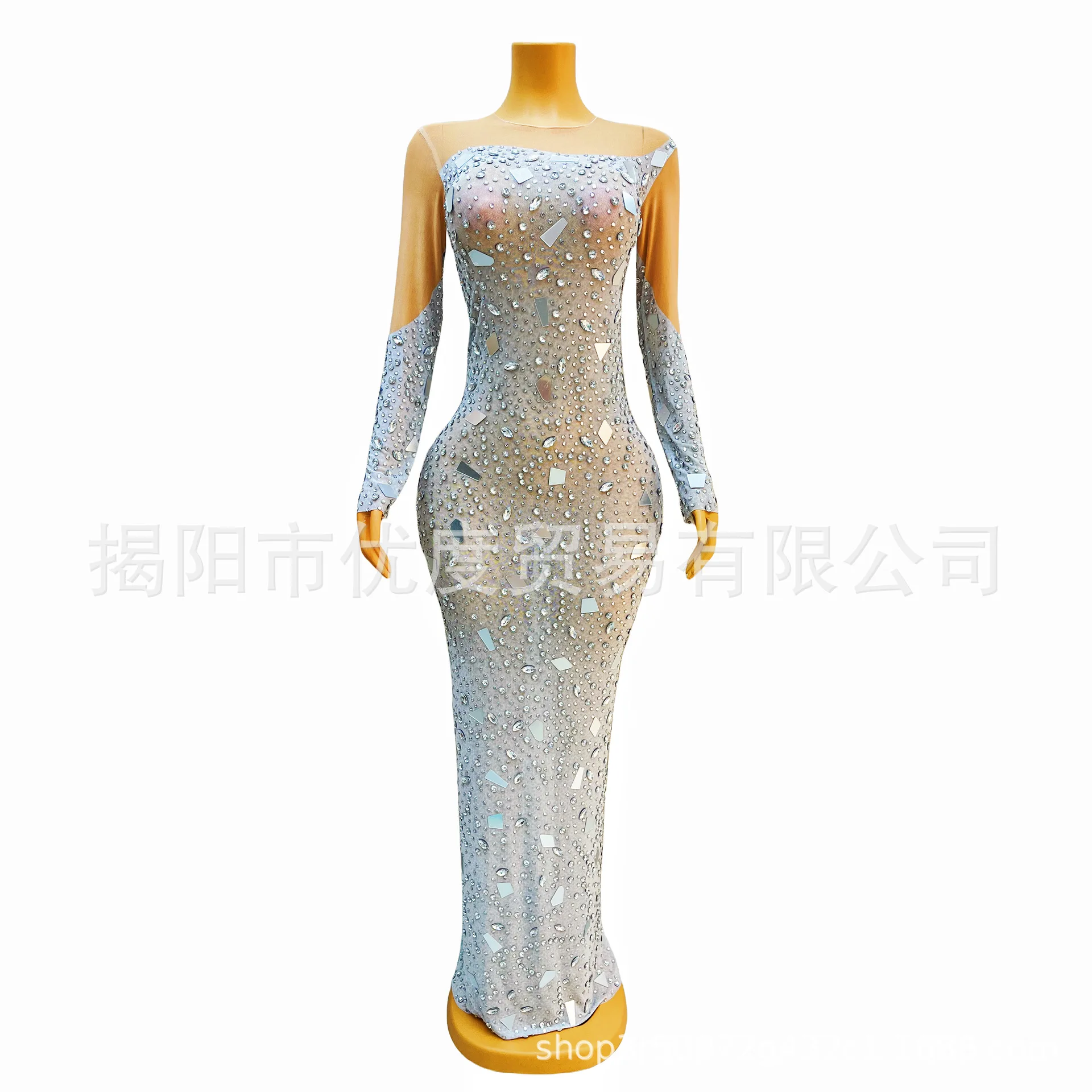 Fairy Silver Lenses Sparkling Rhinestones Elegant Temperament Dress Cocktail Party Night Performance Long Dress Broken Silver