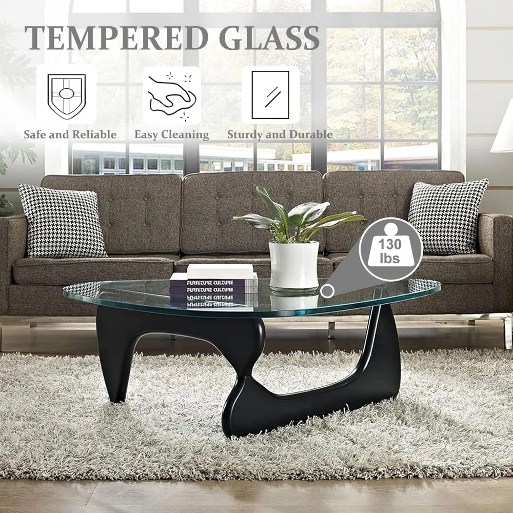 Mid-Century Modern Triangle Coffee Table with Solid Wood Base and Vintage Transparent Glass Top