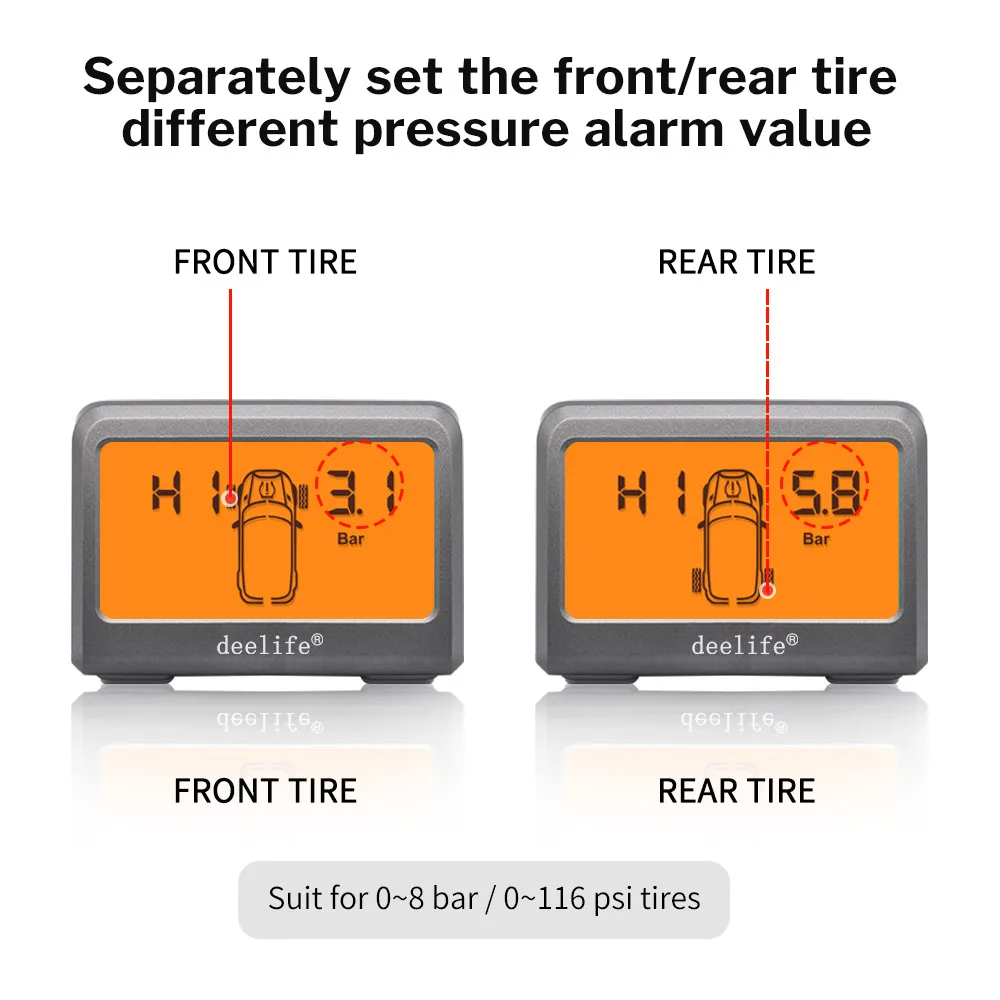 Deelife Solar TPMS Car Tire Pressure Monitoring System with 4 Wheel Tyre Battery Replaceable Internal External Sensors TMPS