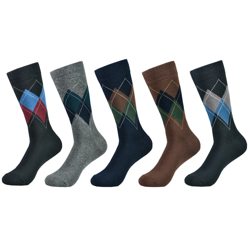 5 Pairs Men\'s Cotton Black Patterned Comfy & Breathable Fashion Colorful Dress Socks, For Daily And Outdoor Wearing