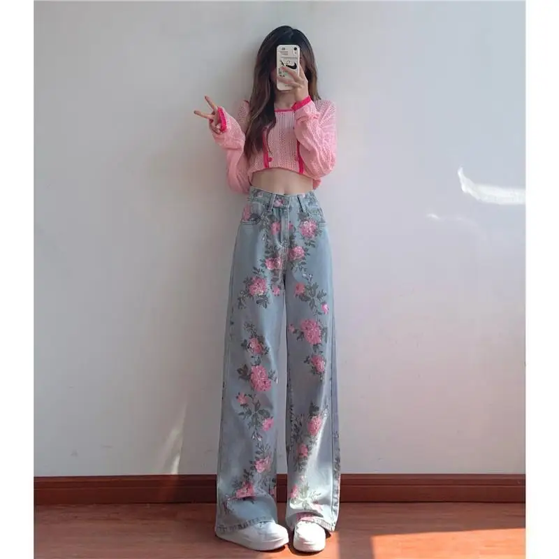 

Baggy Jeans Korean Fashion High Waist Slim Vintage Print Loose Straight Women's Pants Y2k Elegant Wide Leg Autumn Winter New