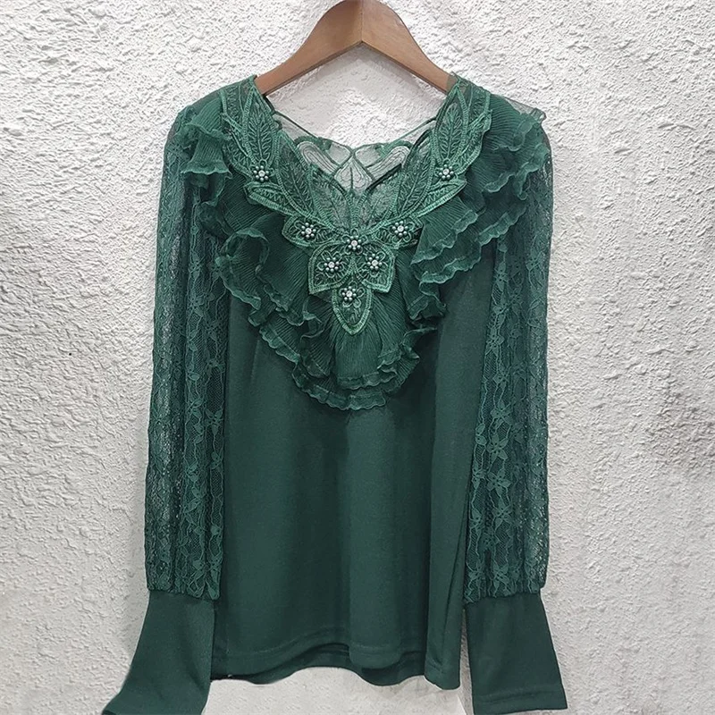 Lace Flounced Flower Stitching Beautiful Back Short Sleeve Thin T-Shirt Fashion Cover Meat Blouse Half Sleeve/Long Sleeve