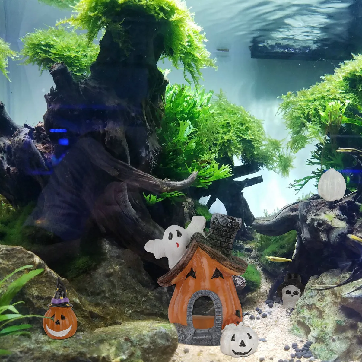 5Pcs Fish Hideout Set Halloween Aquarium Pumpkin Theme Fish Tank Ornaments Multifunctional Decorative Shelter Aquarium Ornament