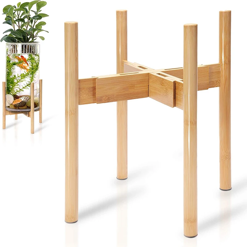 1pc Adjustable Mid-Century Indoor Plant Stand, Stable Natural Bamboo Flower Pot Holder For Planters, Floor Standing Rack (Plante